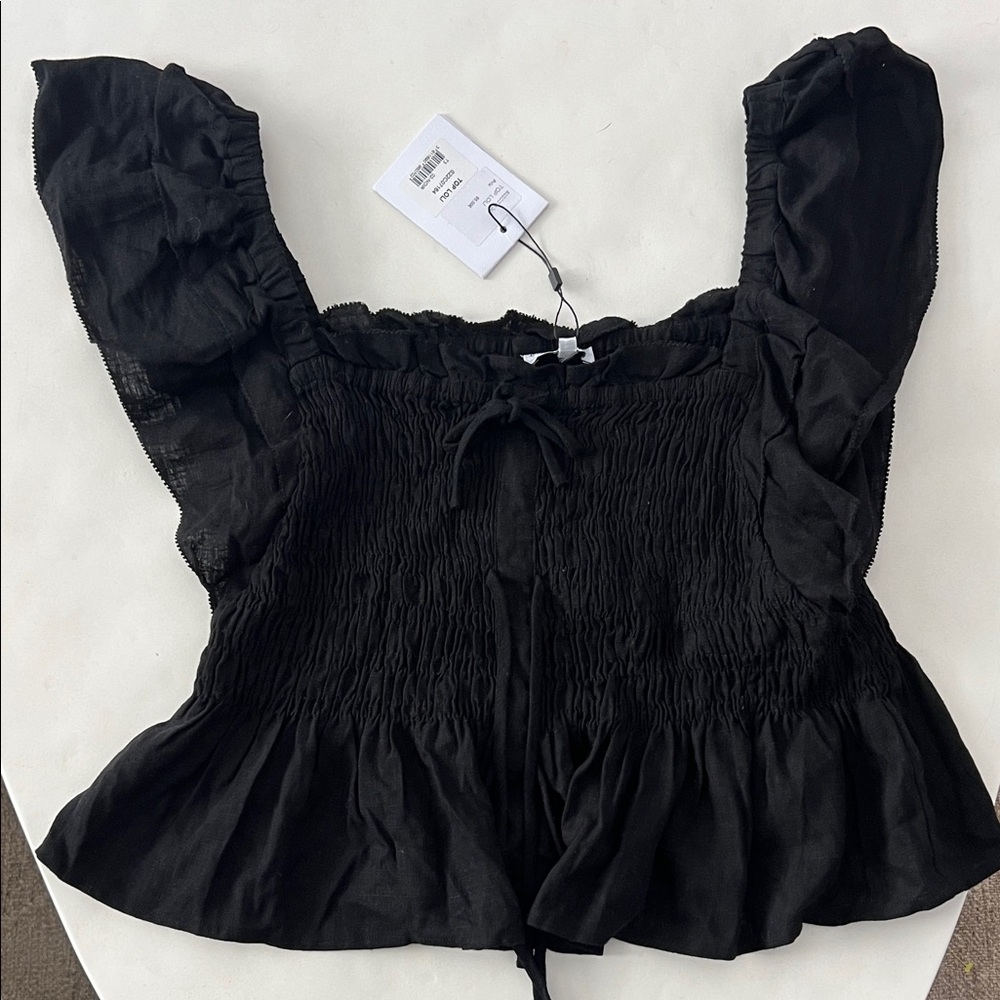 NWT SUNCOO PARIS Black Smocked Peplum Linen Blend Babydoll Flutter Sleeve Top T3 - Picture 4 of 9